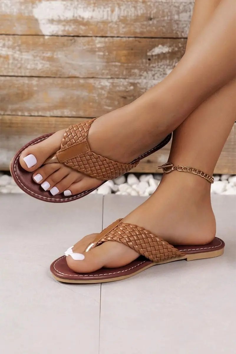 Chestnut Braided Strap PU Leather Flip Flop - Love Salve
